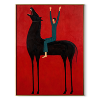 Raised Hands Meet Crimson - black horse rider painting by Isabelle Laurent, modern Western vertical wall art – wood frame on white background
