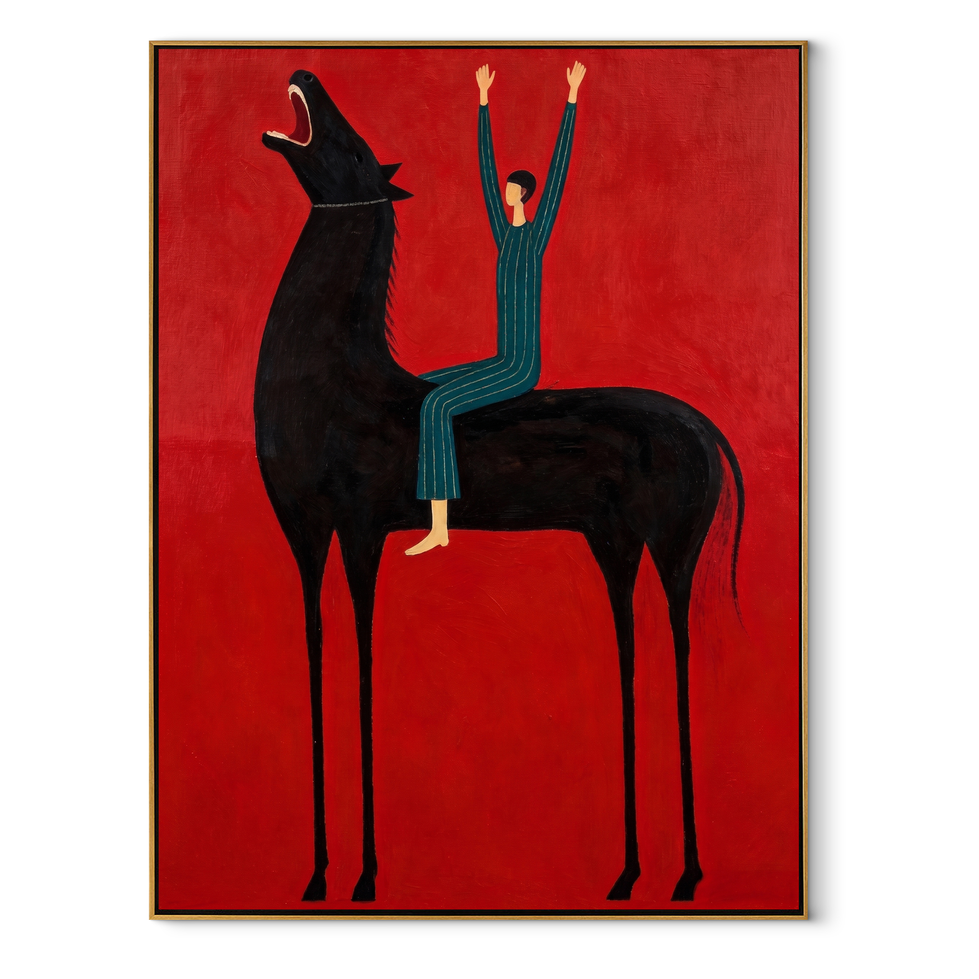 Raised Hands Meet Crimson - black horse rider painting by Isabelle Laurent, modern Western vertical wall art – wood frame on white background