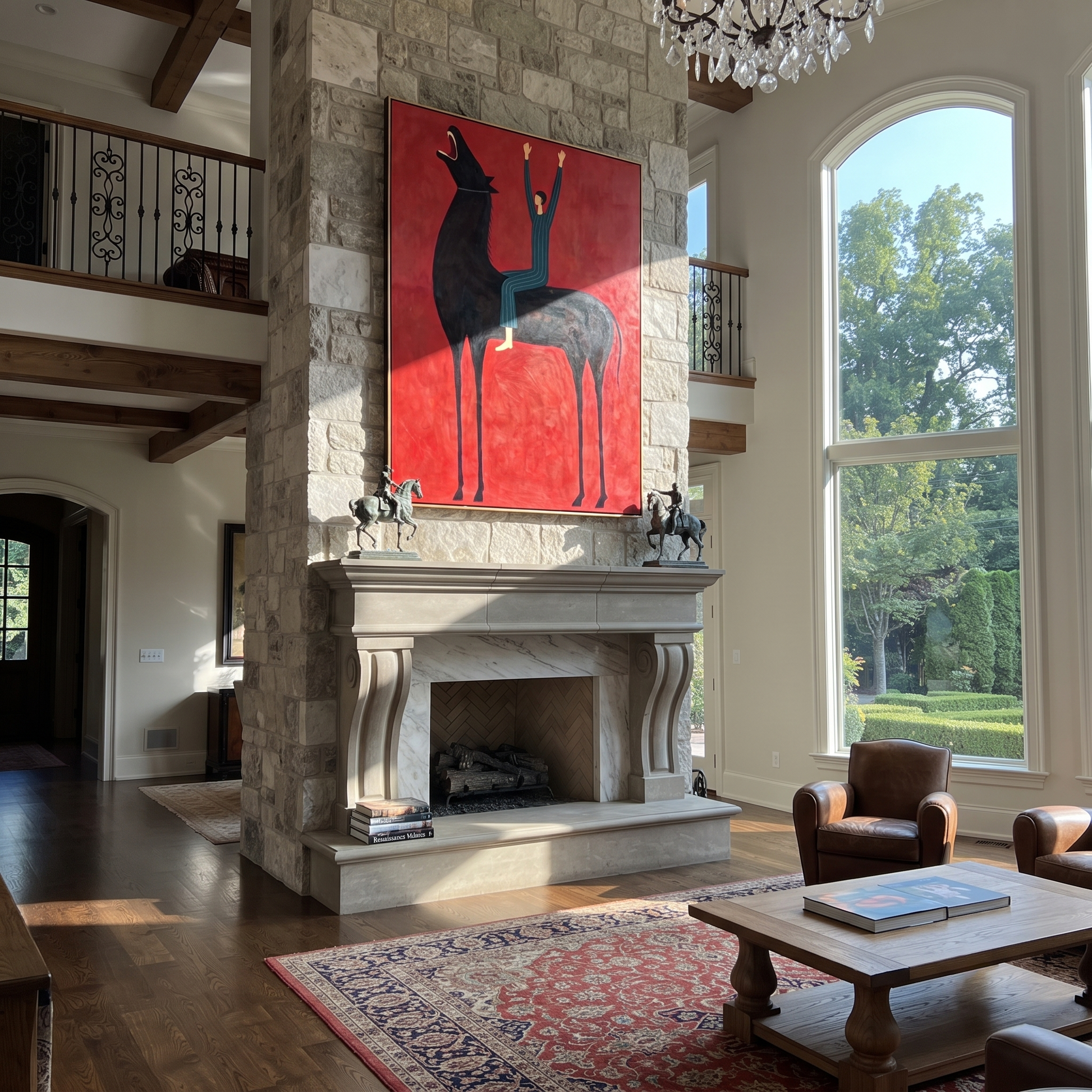 Raised Hands Meet Crimson - black horse rider painting by Isabelle Laurent, modern Western vertical wall art – styled room scene view 2