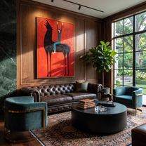 Raised Hands Meet Crimson - black horse rider painting by Isabelle Laurent, modern Western vertical wall art – styled room scene view 3