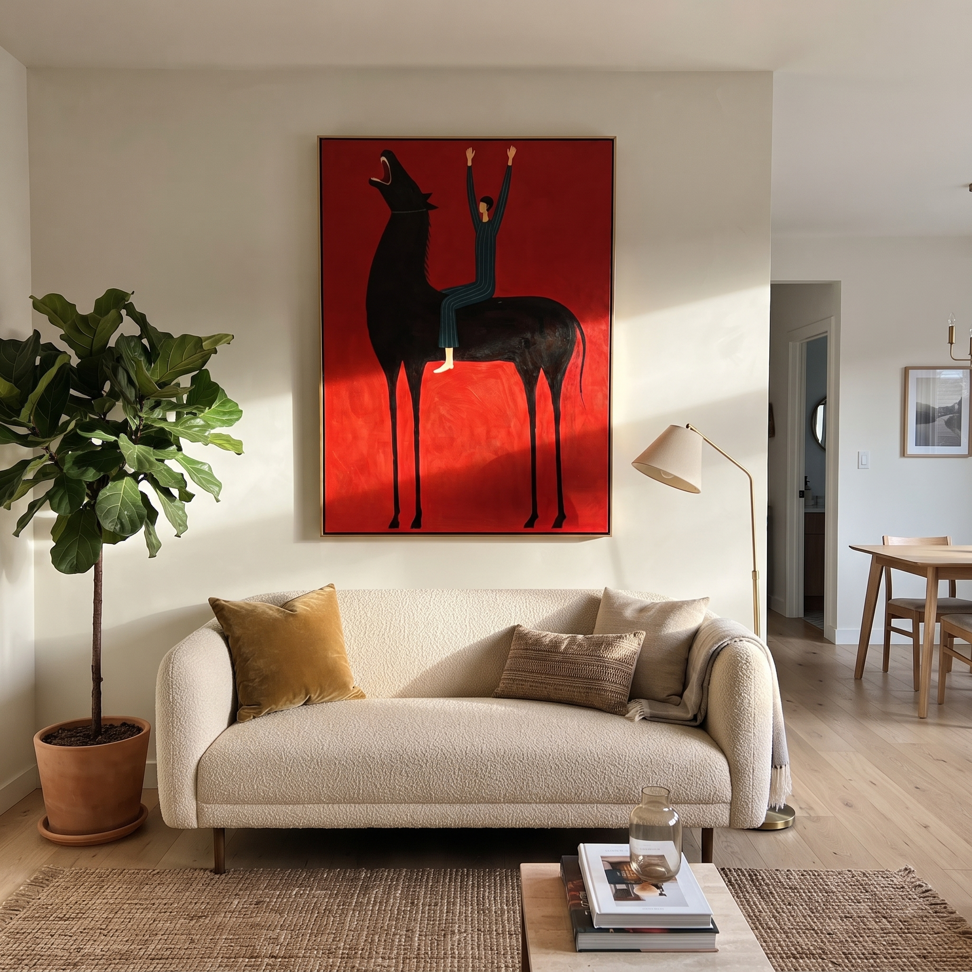 Raised Hands Meet Crimson - black horse rider painting by Isabelle Laurent, modern Western vertical wall art – styled room scene view 4