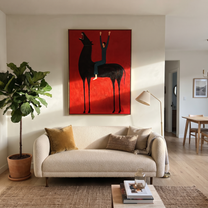 Raised Hands Meet Crimson - black horse rider painting by Isabelle Laurent, modern Western vertical wall art – styled room scene view 4