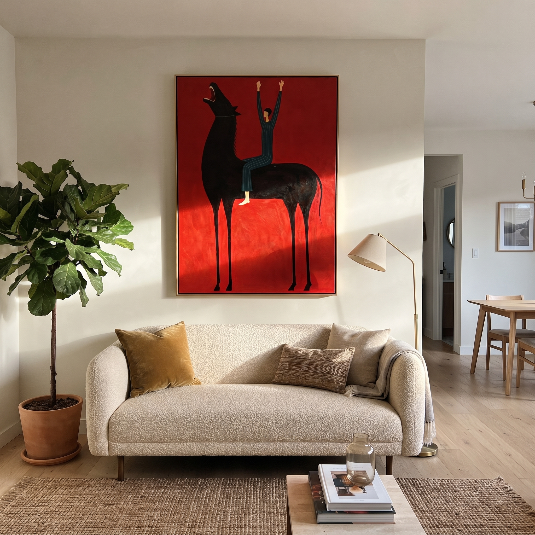Raised Hands Meet Crimson - black horse rider painting by Isabelle Laurent, modern Western vertical wall art – styled room scene view 4