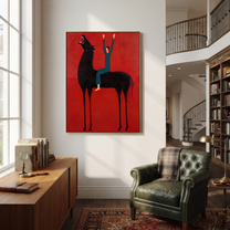 Raised Hands Meet Crimson - black horse rider painting by Isabelle Laurent, modern Western vertical wall art – styled room scene view 5