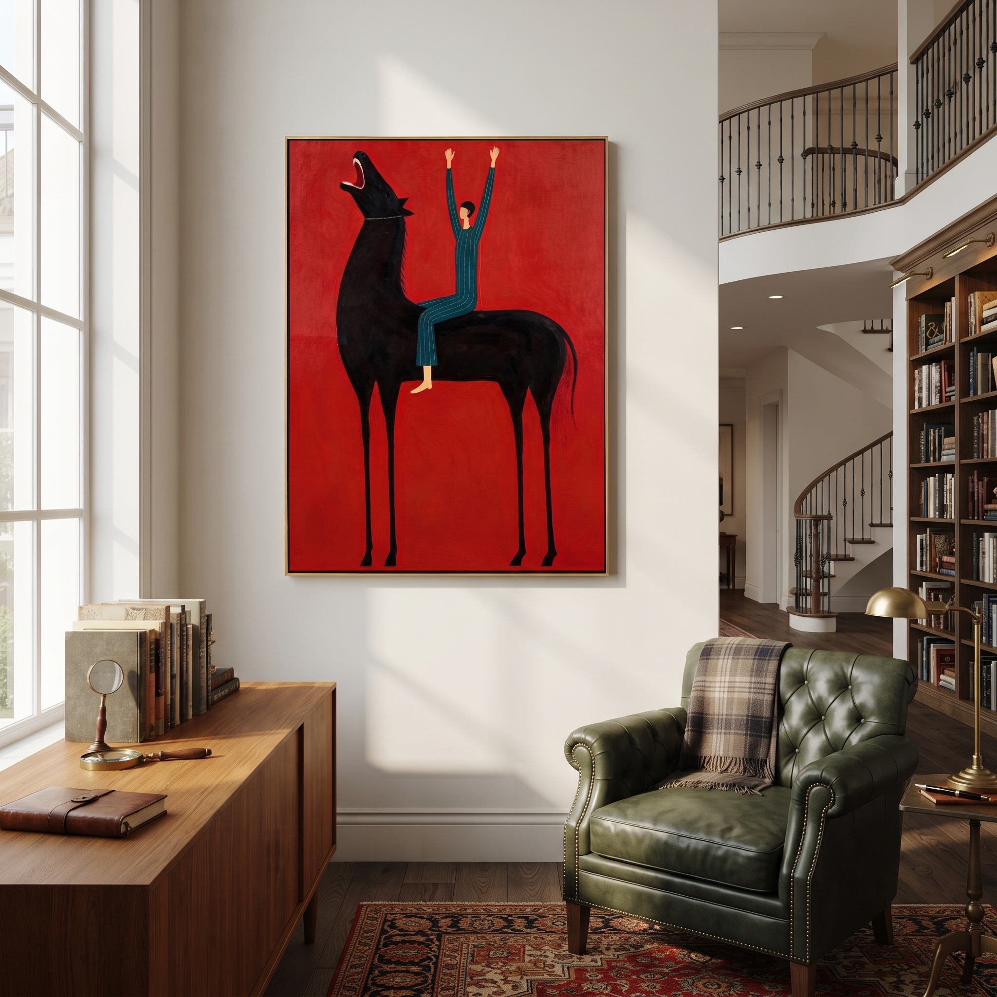 Raised Hands Meet Crimson - black horse rider painting by Isabelle Laurent, modern Western vertical wall art – styled room scene view 5