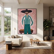 Green Stripes Face Blush - striped cowboy portrait painting by Isabelle Laurent, modern Western vertical wall art – styled room scene view 1