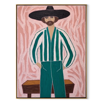 Green Stripes Face Blush - striped cowboy portrait painting by Isabelle Laurent, modern Western vertical wall art – wood frame on white background