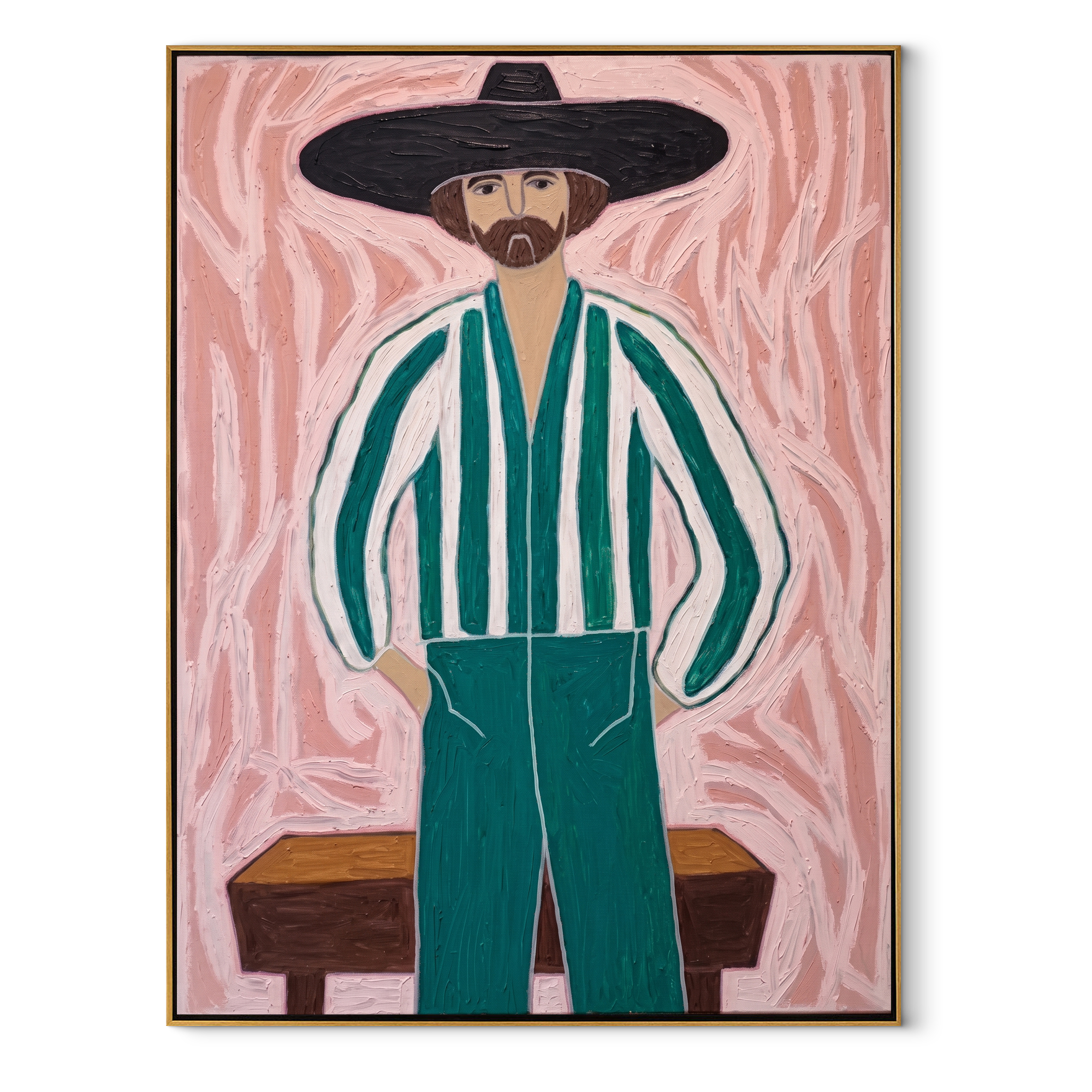 Green Stripes Face Blush - striped cowboy portrait painting by Isabelle Laurent, modern Western vertical wall art – wood frame on white background