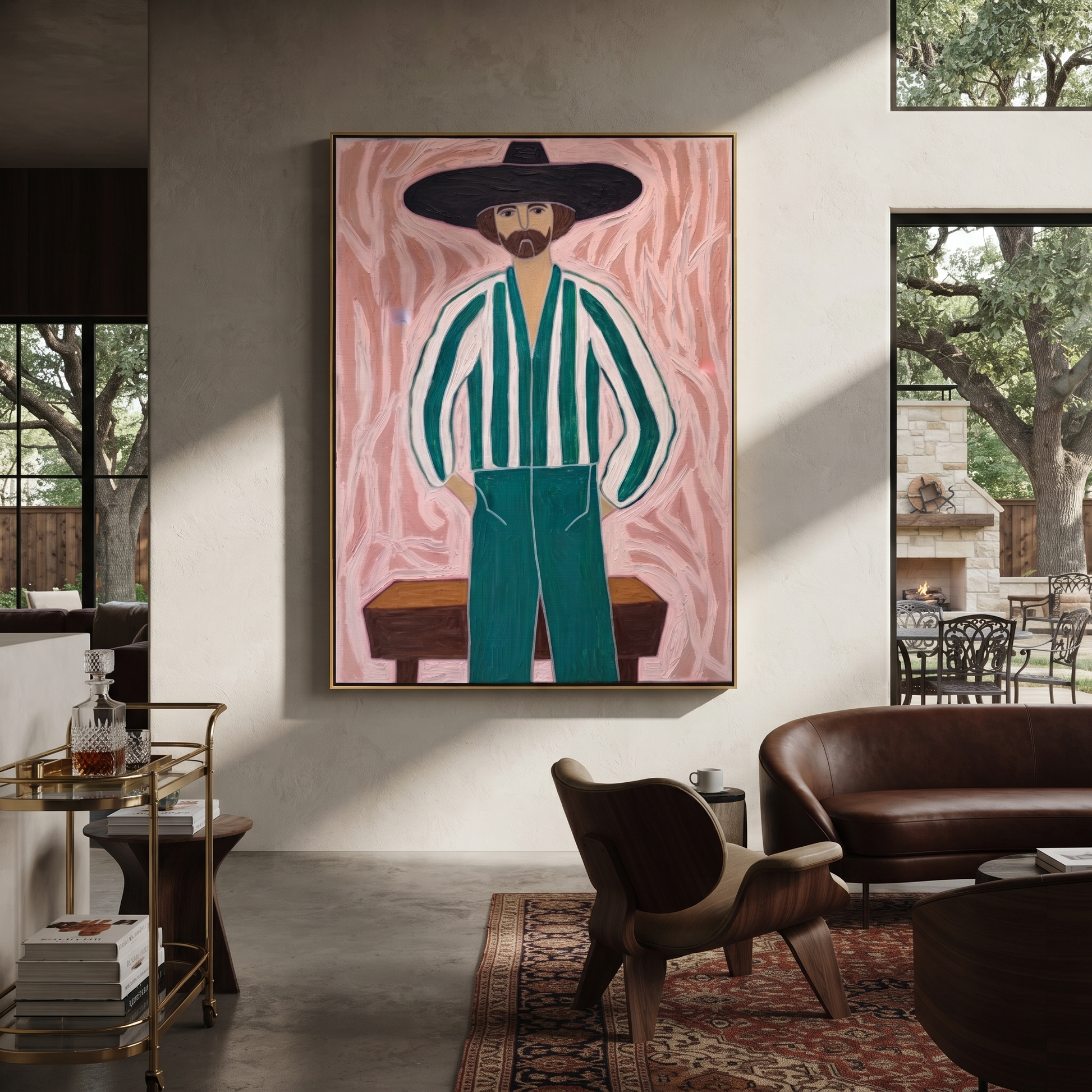 Green Stripes Face Blush - striped cowboy portrait painting by Isabelle Laurent, modern Western vertical wall art – styled room scene view 2
