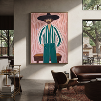 Green Stripes Face Blush - striped cowboy portrait painting by Isabelle Laurent, modern Western vertical wall art – styled room scene view 2