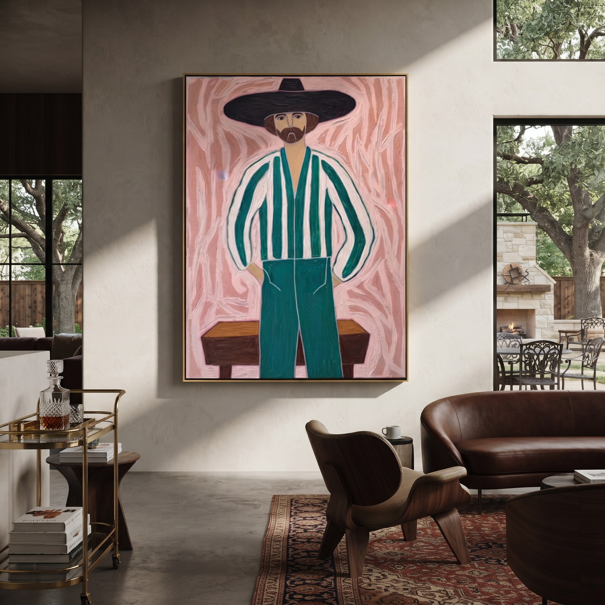 Green Stripes Face Blush - striped cowboy portrait painting by Isabelle Laurent, modern Western vertical wall art – styled room scene view 2