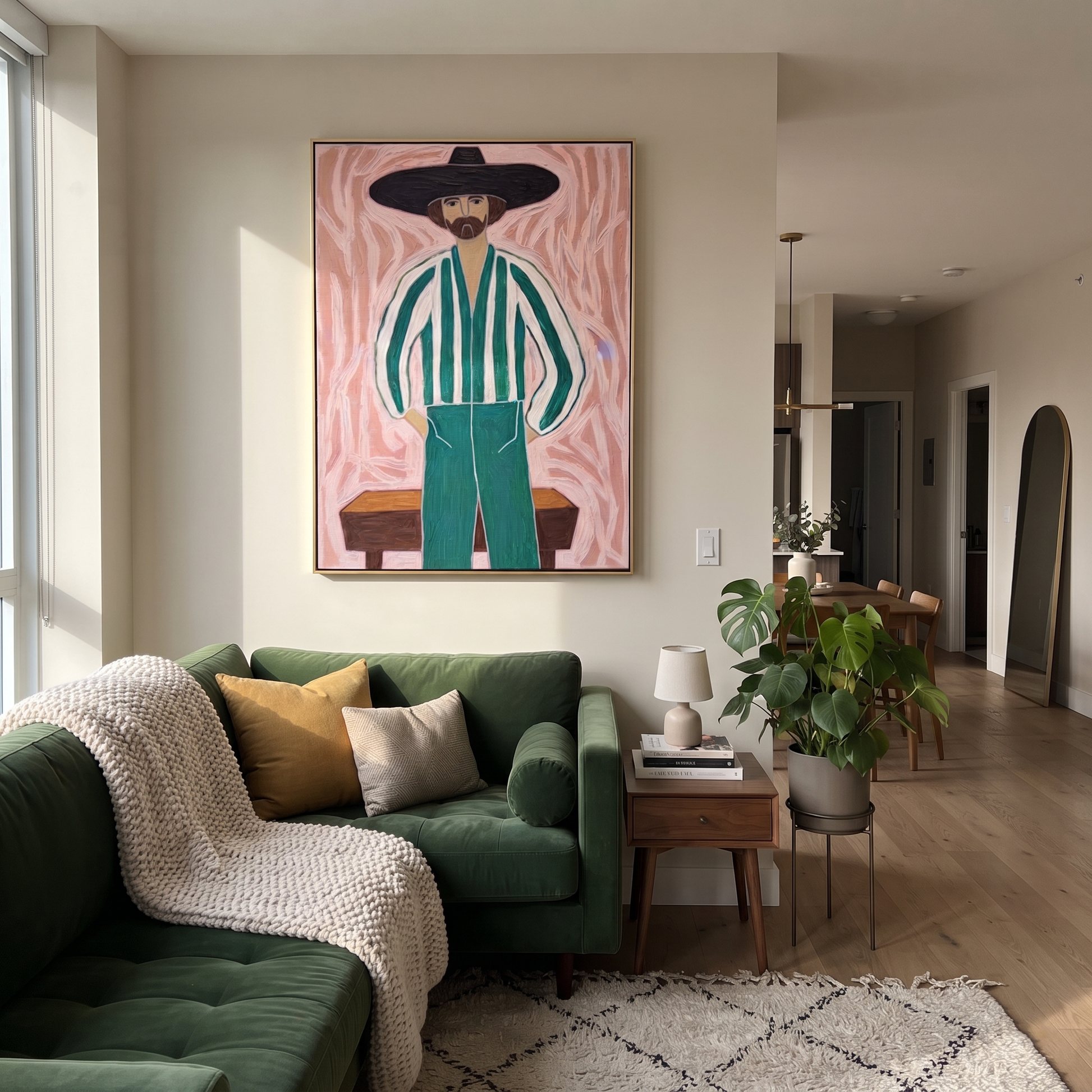 Green Stripes Face Blush - striped cowboy portrait painting by Isabelle Laurent, modern Western vertical wall art – styled room scene view 3