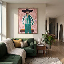 Green Stripes Face Blush - striped cowboy portrait painting by Isabelle Laurent, modern Western vertical wall art – styled room scene view 3