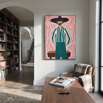 Green Stripes Face Blush - striped cowboy portrait painting by Isabelle Laurent, modern Western vertical wall art – styled room scene view 4