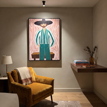 Green Stripes Face Blush - striped cowboy portrait painting by Isabelle Laurent, modern Western vertical wall art – styled room scene view 5