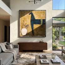 Flowers Wait Beside Horse - black horse and vase painting by Isabelle Laurent, modern Western square wall art – styled room scene view 1
