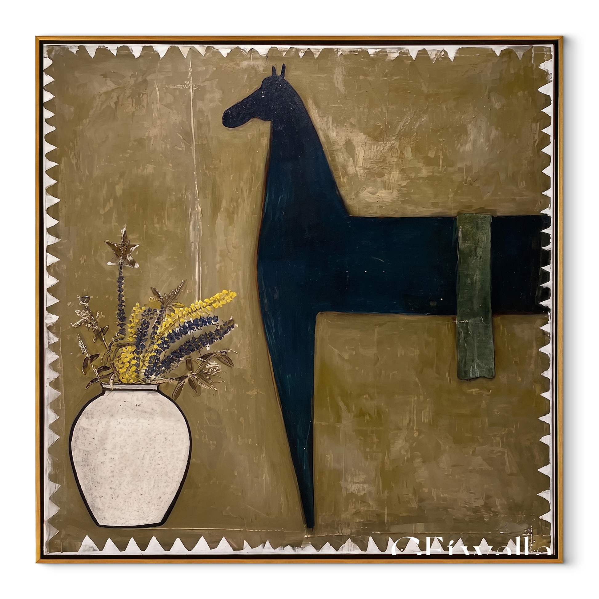 Flowers Wait Beside Horse - black horse and vase painting by Isabelle Laurent, modern Western square wall art – wood frame on white background