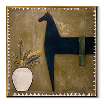 Flowers Wait Beside Horse - black horse and vase painting by Isabelle Laurent, modern Western square wall art – wood frame on white background