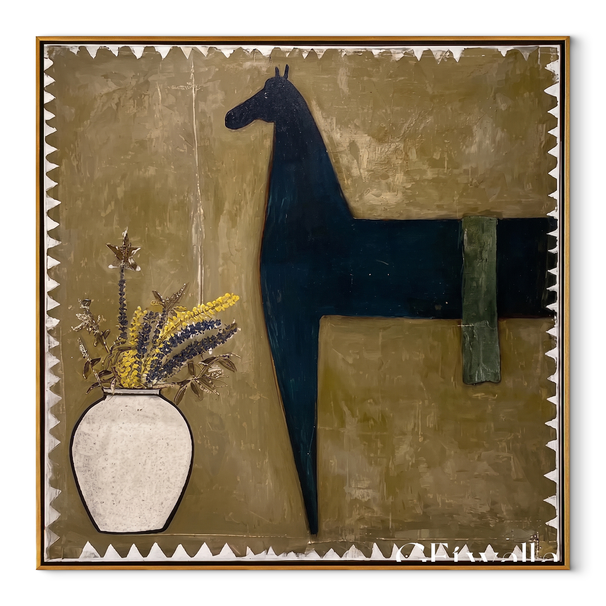 Flowers Wait Beside Horse - black horse and vase painting by Isabelle Laurent, modern Western square wall art – wood frame on white background