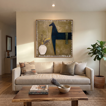 Flowers Wait Beside Horse - black horse and vase painting by Isabelle Laurent, modern Western square wall art – styled room scene view 2
