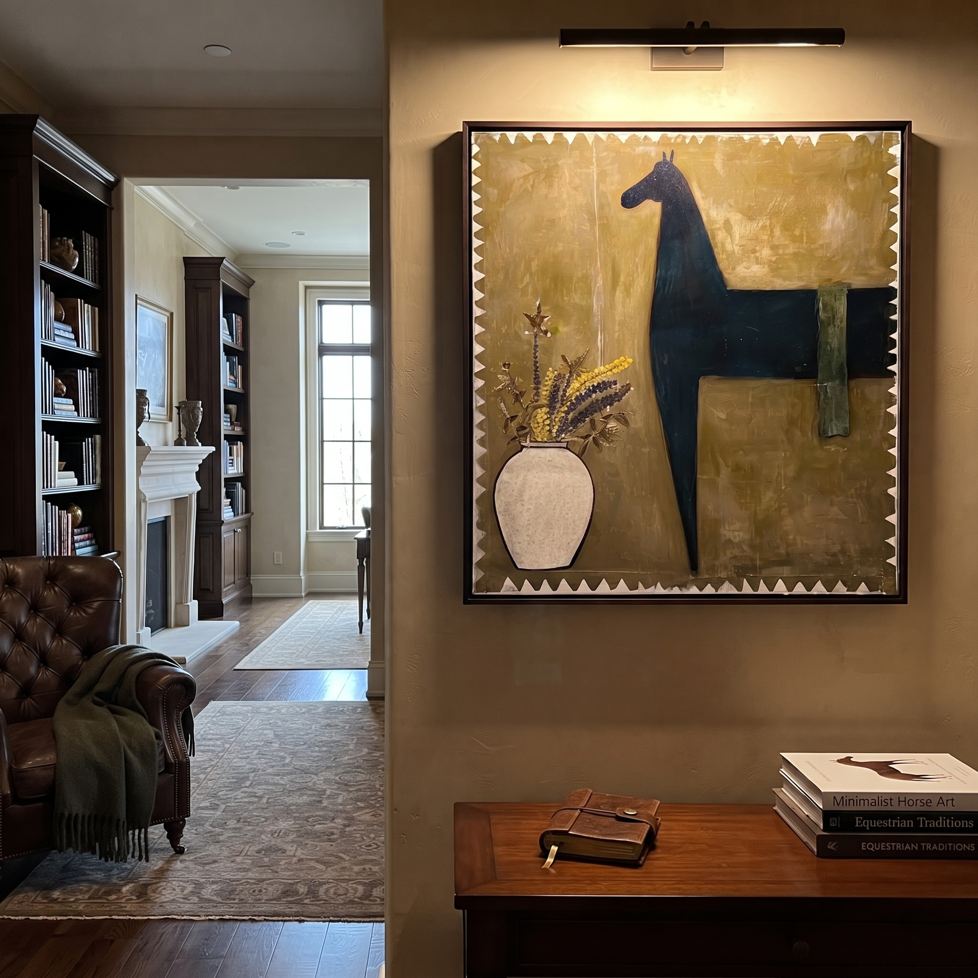 Flowers Wait Beside Horse - black horse and vase painting by Isabelle Laurent, modern Western square wall art – styled room scene view 3