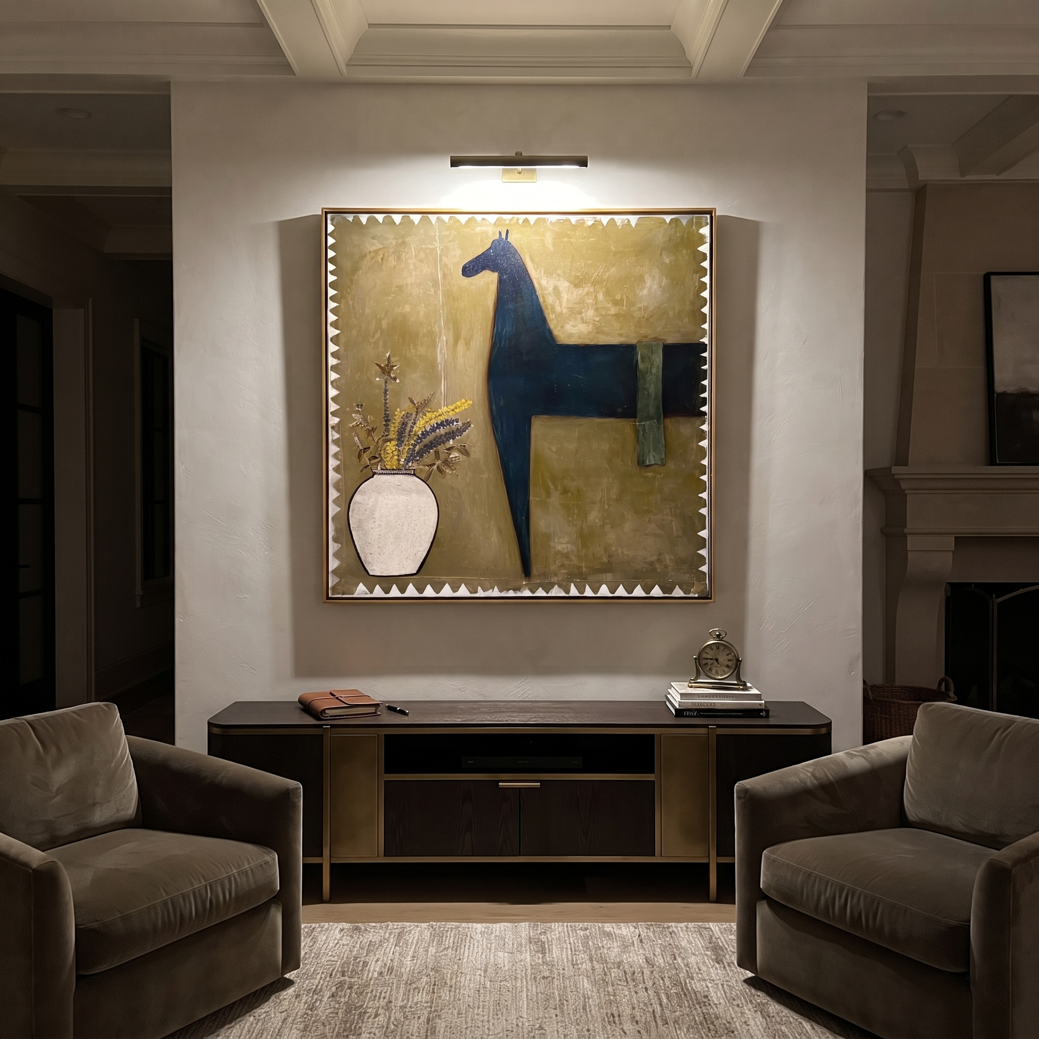 Flowers Wait Beside Horse - black horse and vase painting by Isabelle Laurent, modern Western square wall art – styled room scene view 4