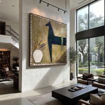 Flowers Wait Beside Horse - black horse and vase painting by Isabelle Laurent, modern Western square wall art – styled room scene view 5