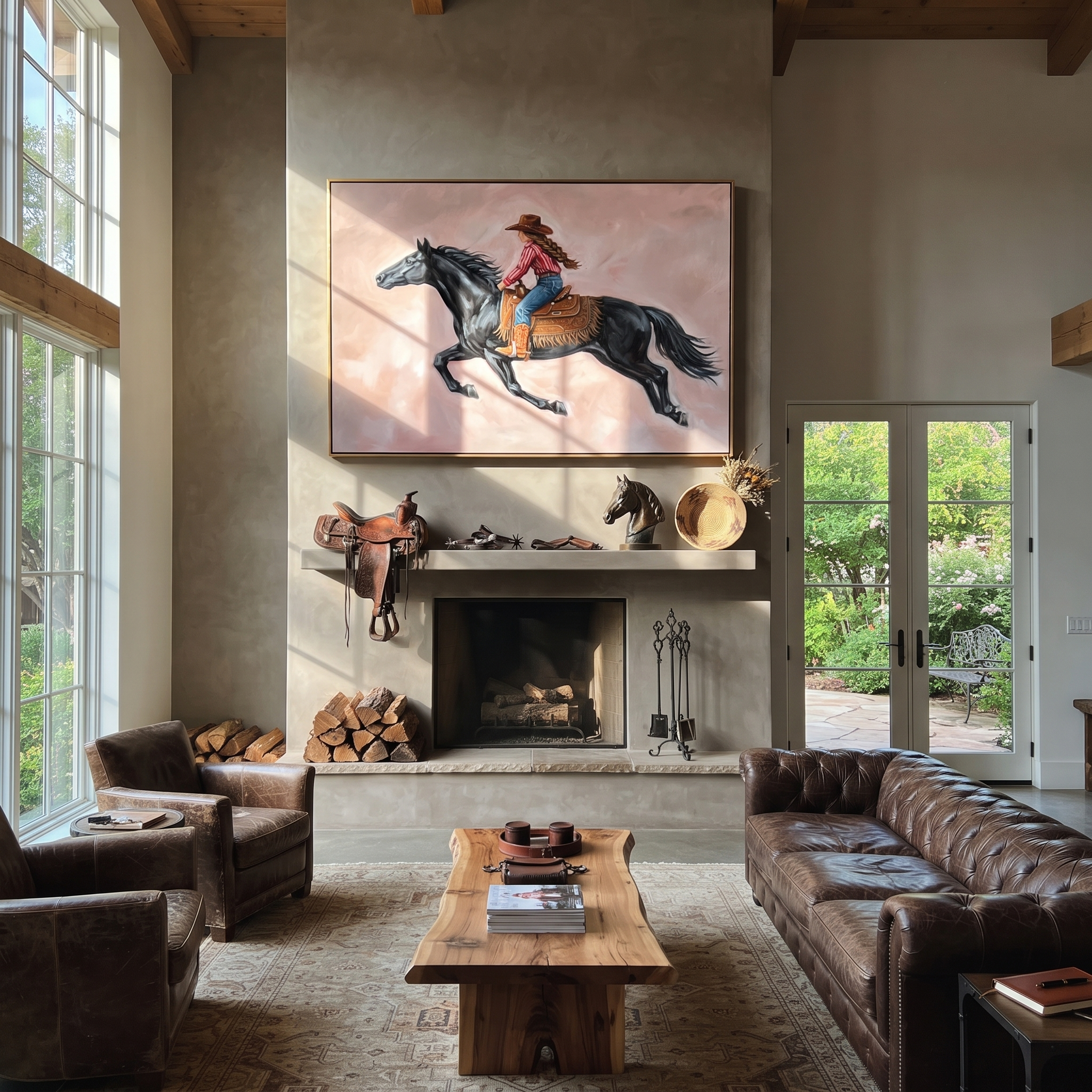Cowgirl Gallops Through Blush - black horse cowgirl painting by Isabelle Laurent, modern Western horizontal wall art – styled room scene view 1