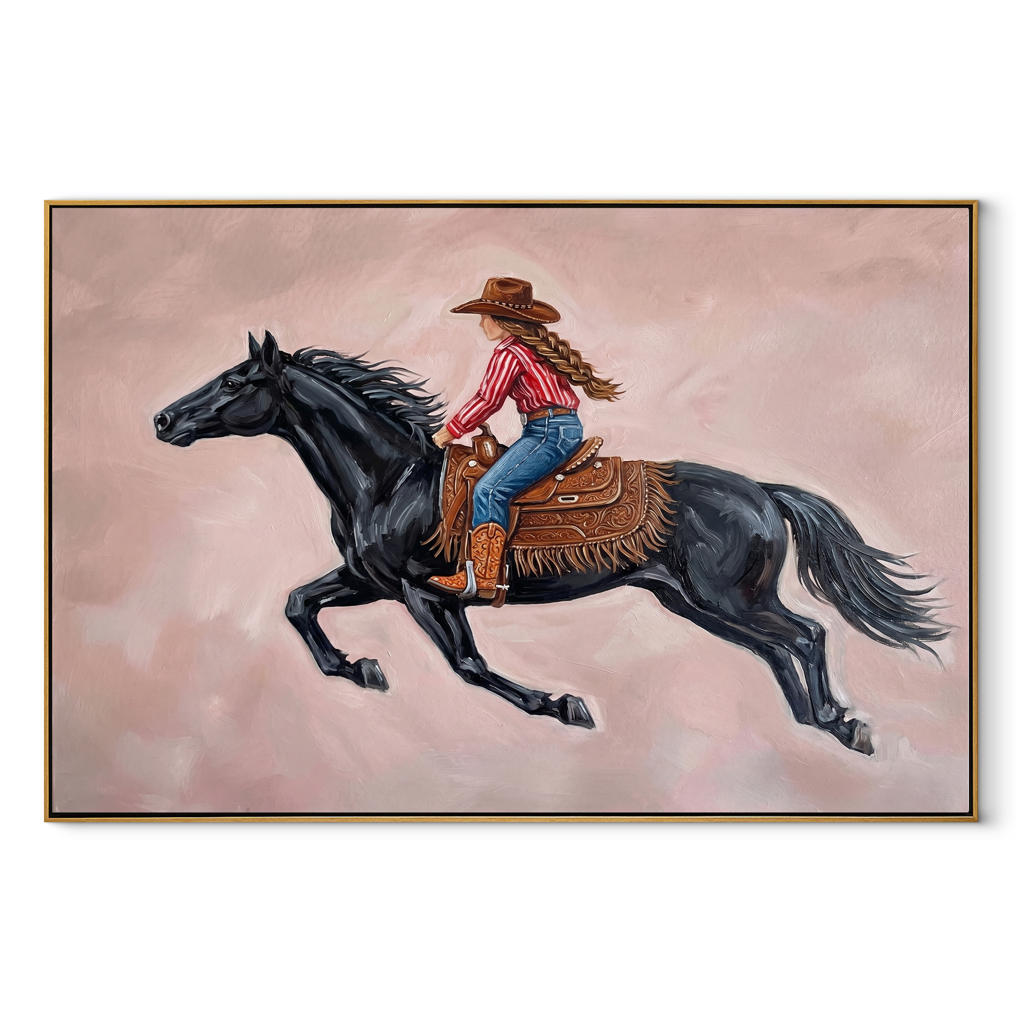 Cowgirl Gallops Through Blush - black horse cowgirl painting by Isabelle Laurent, modern Western horizontal wall art – wood frame on white background