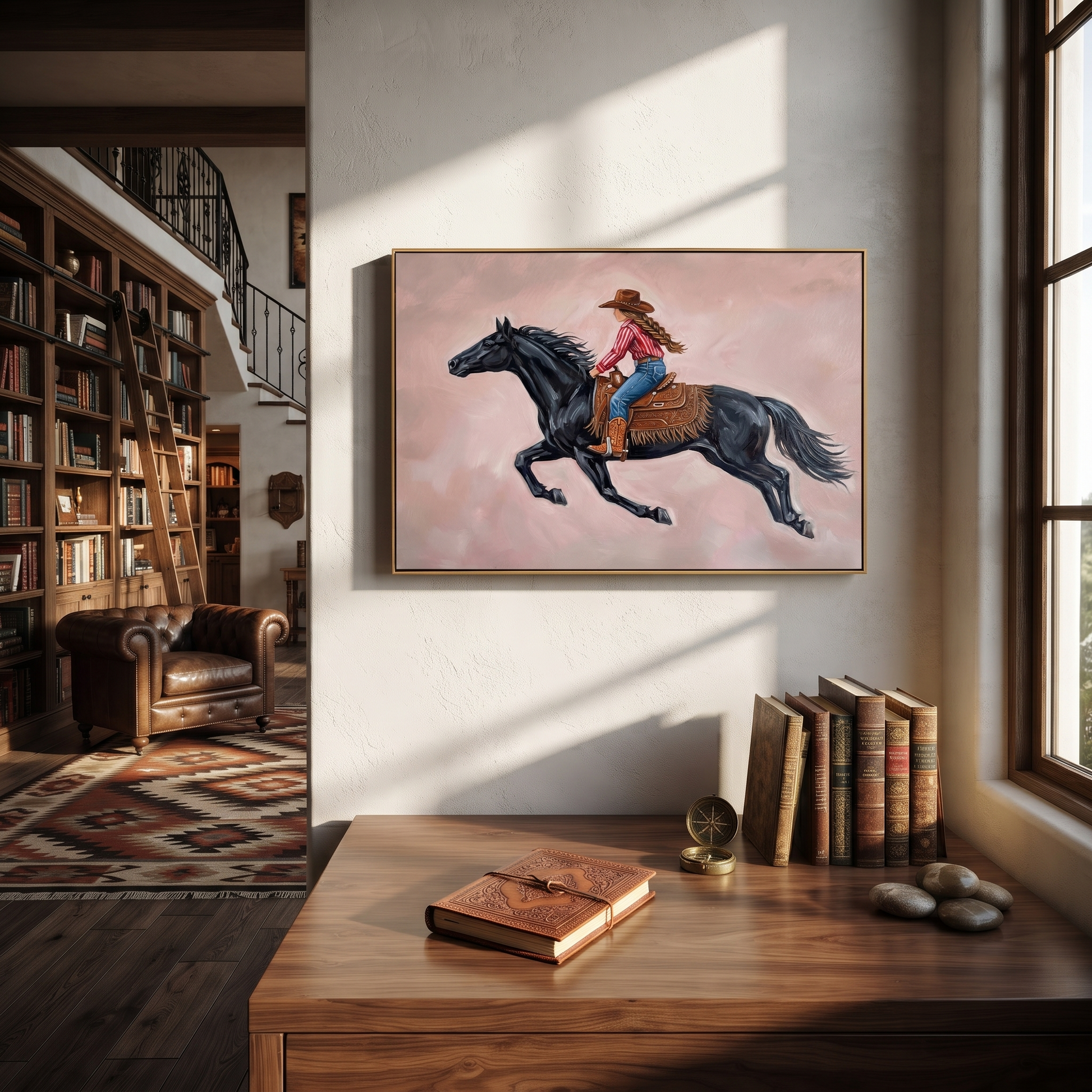 Cowgirl Gallops Through Blush - black horse cowgirl painting by Isabelle Laurent, modern Western horizontal wall art – styled room scene view 2