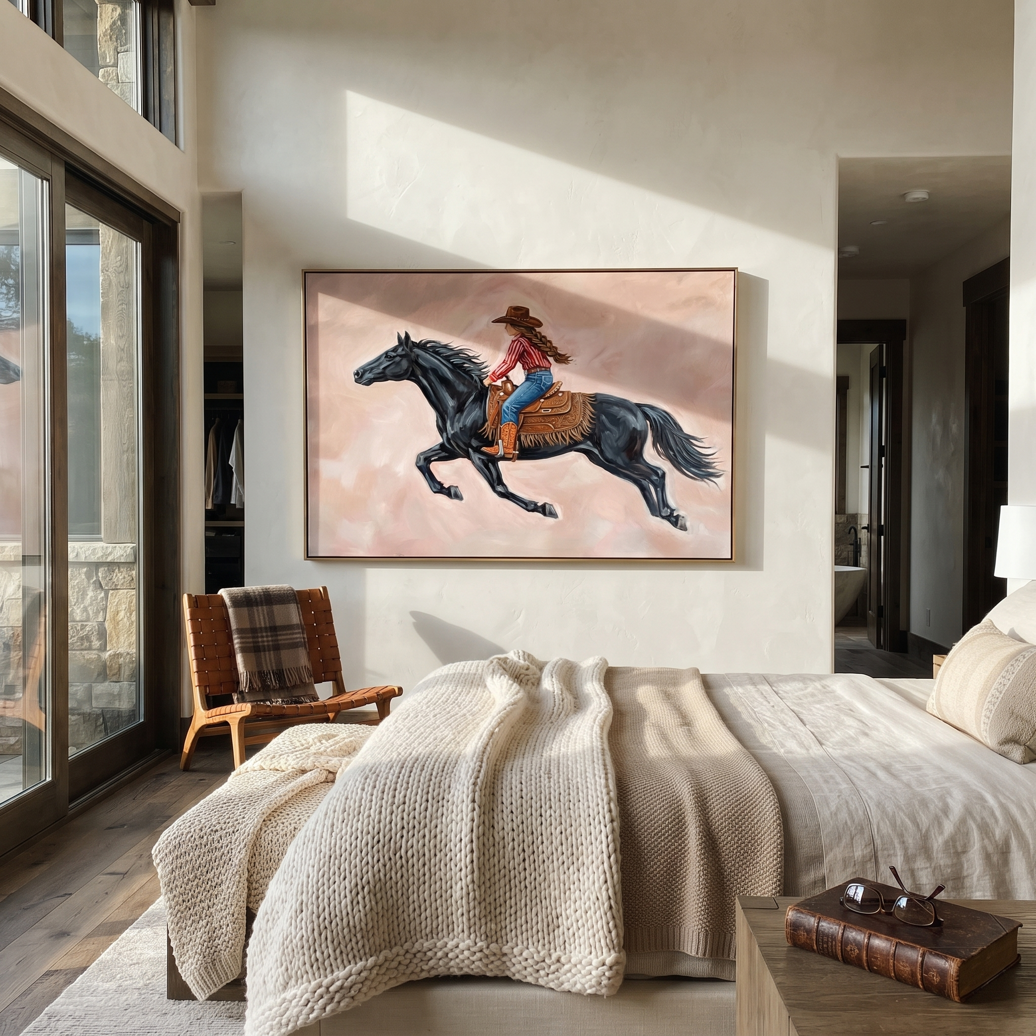 Cowgirl Gallops Through Blush - black horse cowgirl painting by Isabelle Laurent, modern Western horizontal wall art – styled room scene view 3