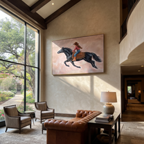 Cowgirl Gallops Through Blush - black horse cowgirl painting by Isabelle Laurent, modern Western horizontal wall art – styled room scene view 4