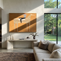 Silver Hat Crosses Stripes - striped horse rider painting by Isabelle Laurent, modern Western horizontal wall art – styled room scene view 1