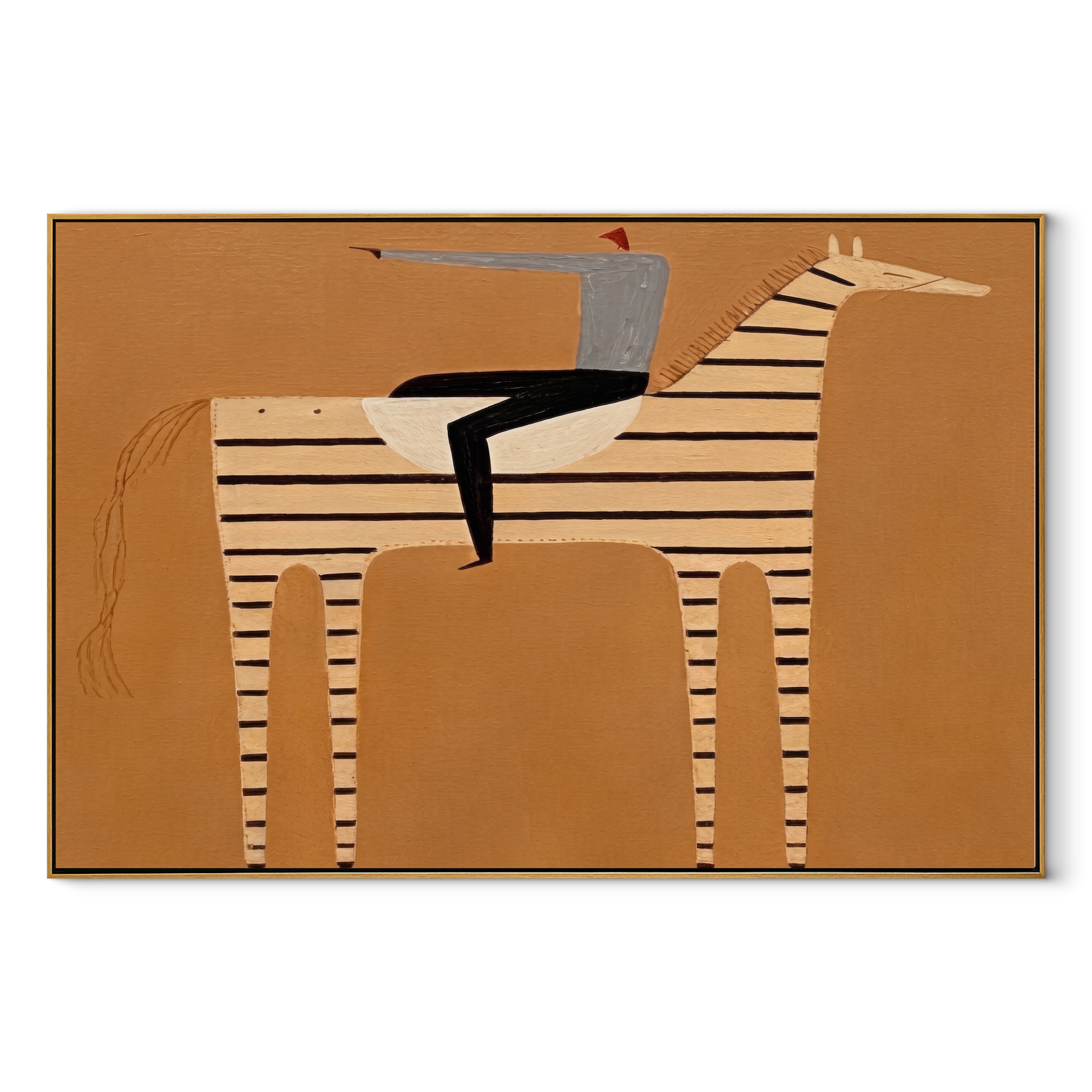 Silver Hat Crosses Stripes - striped horse rider painting by Isabelle Laurent, modern Western horizontal wall art – wood frame on white background
