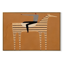 Silver Hat Crosses Stripes - striped horse rider painting by Isabelle Laurent, modern Western horizontal wall art – wood frame on white background