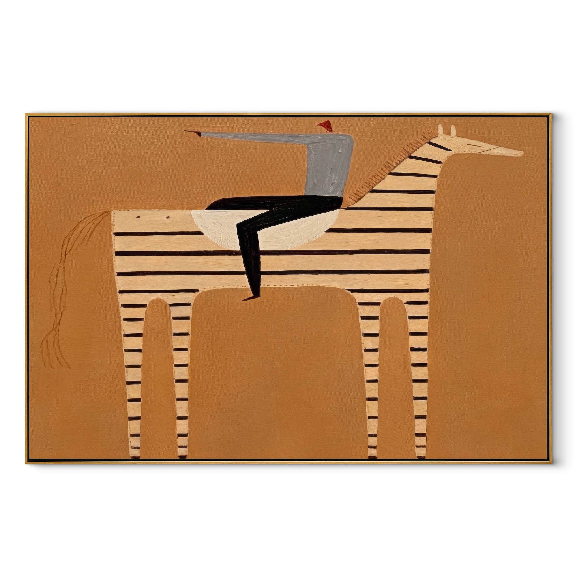 Silver Hat Crosses Stripes - striped horse rider painting by Isabelle Laurent, modern Western horizontal wall art – wood frame on white background