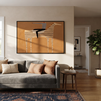 Silver Hat Crosses Stripes - striped horse rider painting by Isabelle Laurent, modern Western horizontal wall art – styled room scene view 3