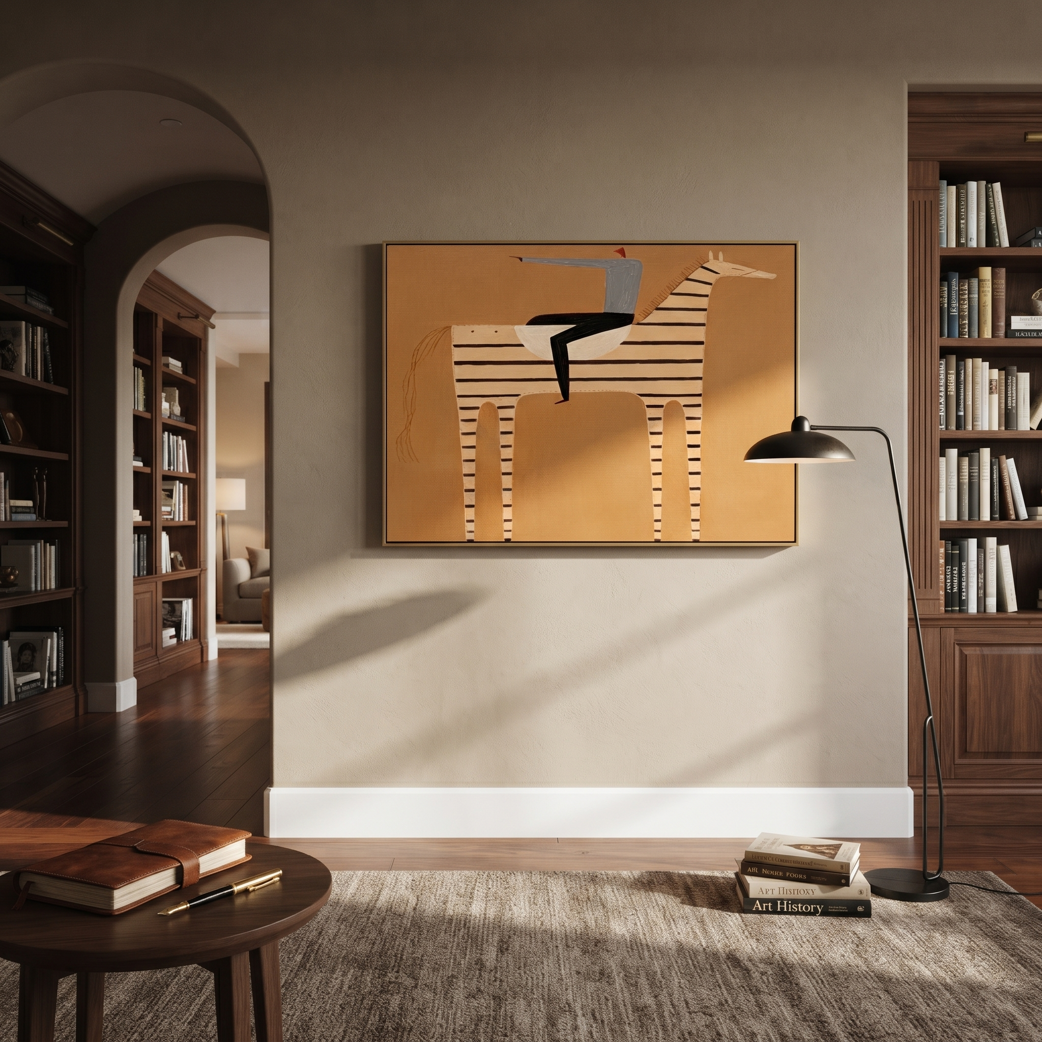 Silver Hat Crosses Stripes - striped horse rider painting by Isabelle Laurent, modern Western horizontal wall art – styled room scene view 4