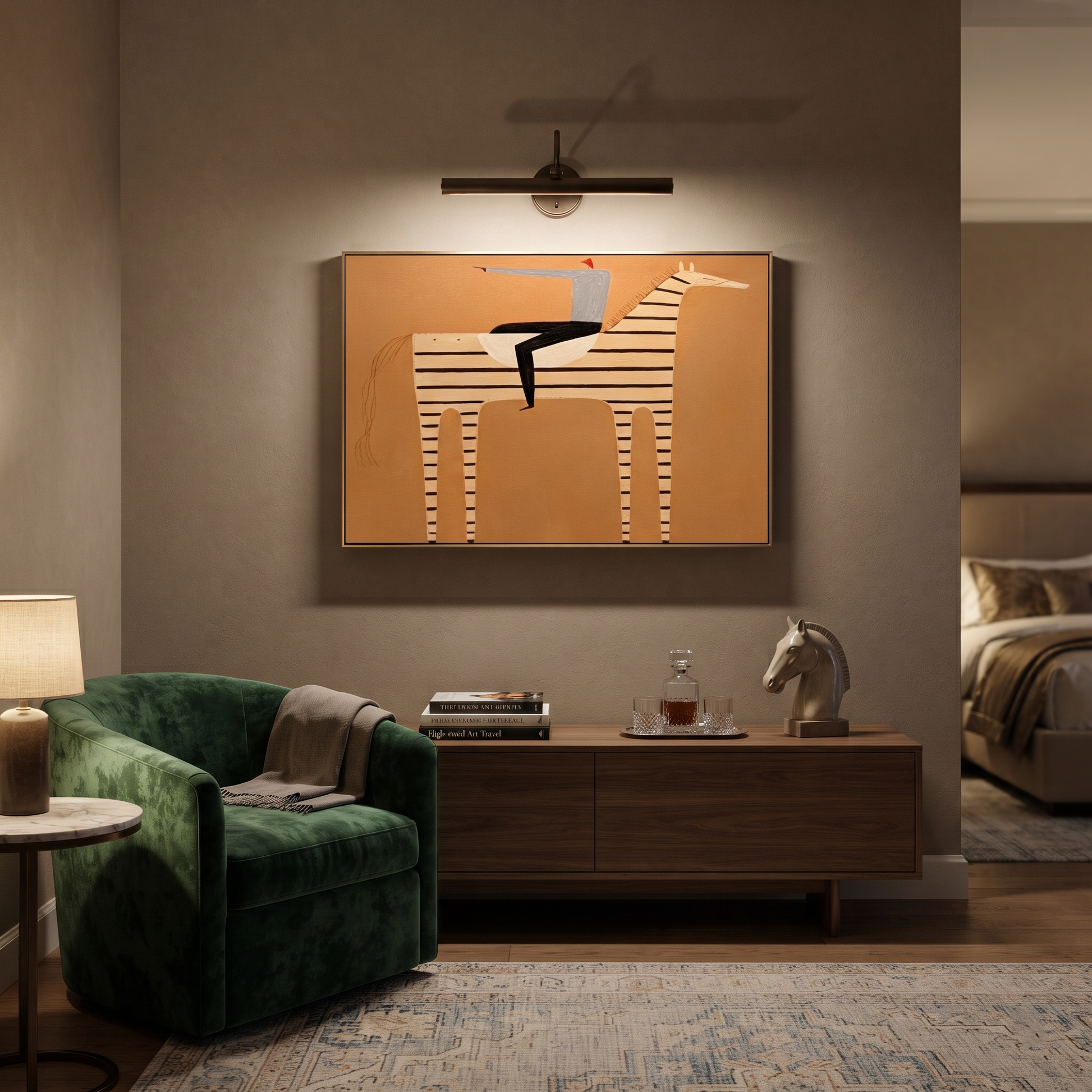Silver Hat Crosses Stripes - striped horse rider painting by Isabelle Laurent, modern Western horizontal wall art – styled room scene view 5