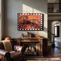 Dark Horse Runs Stars - running brown horse painting by Isabelle Laurent, modern Western horizontal wall art – styled room scene view 1