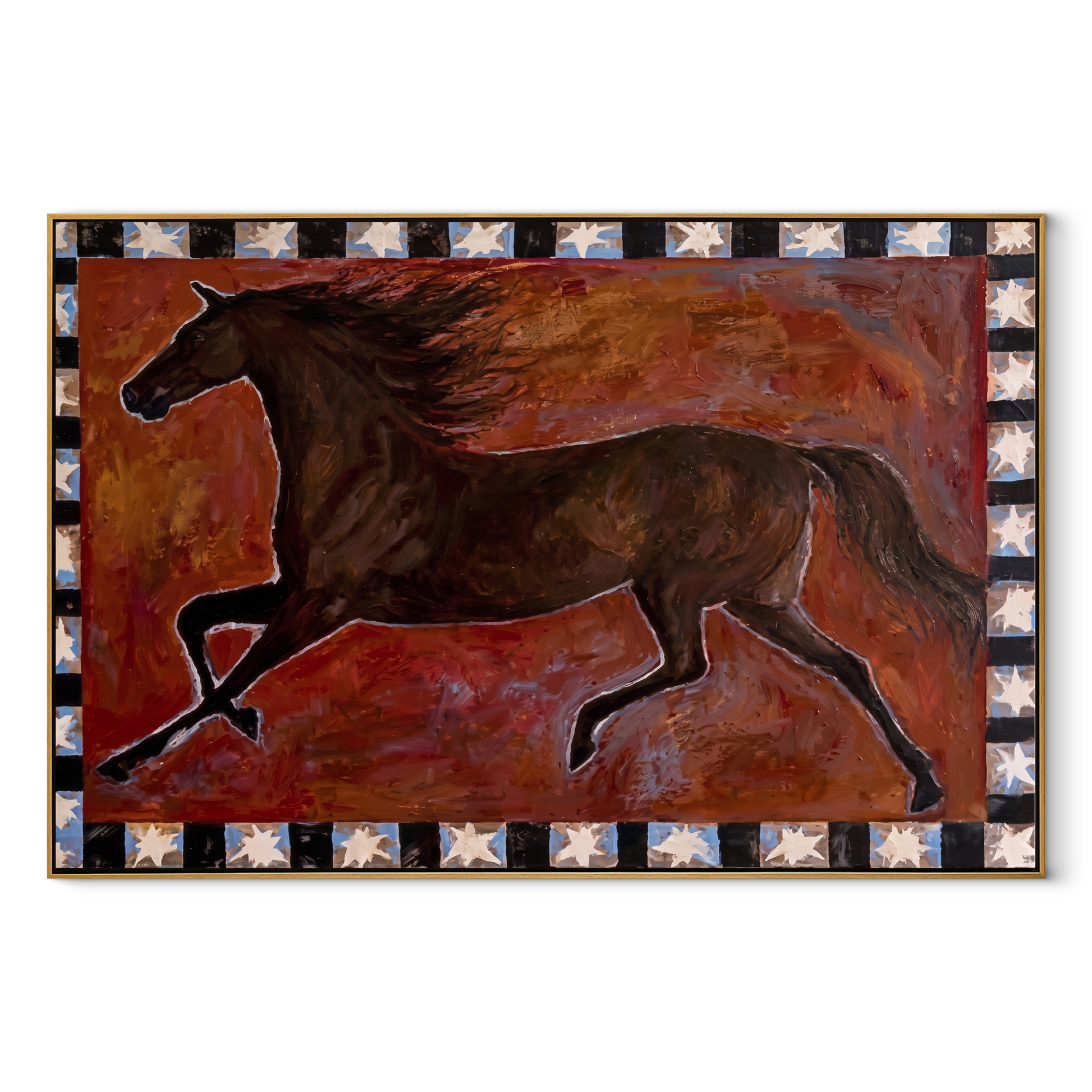 Dark Horse Runs Stars - running brown horse painting by Isabelle Laurent, modern Western horizontal wall art – wood frame on white background