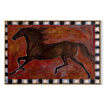 Dark Horse Runs Stars - running brown horse painting by Isabelle Laurent, modern Western horizontal wall art – wood frame on white background