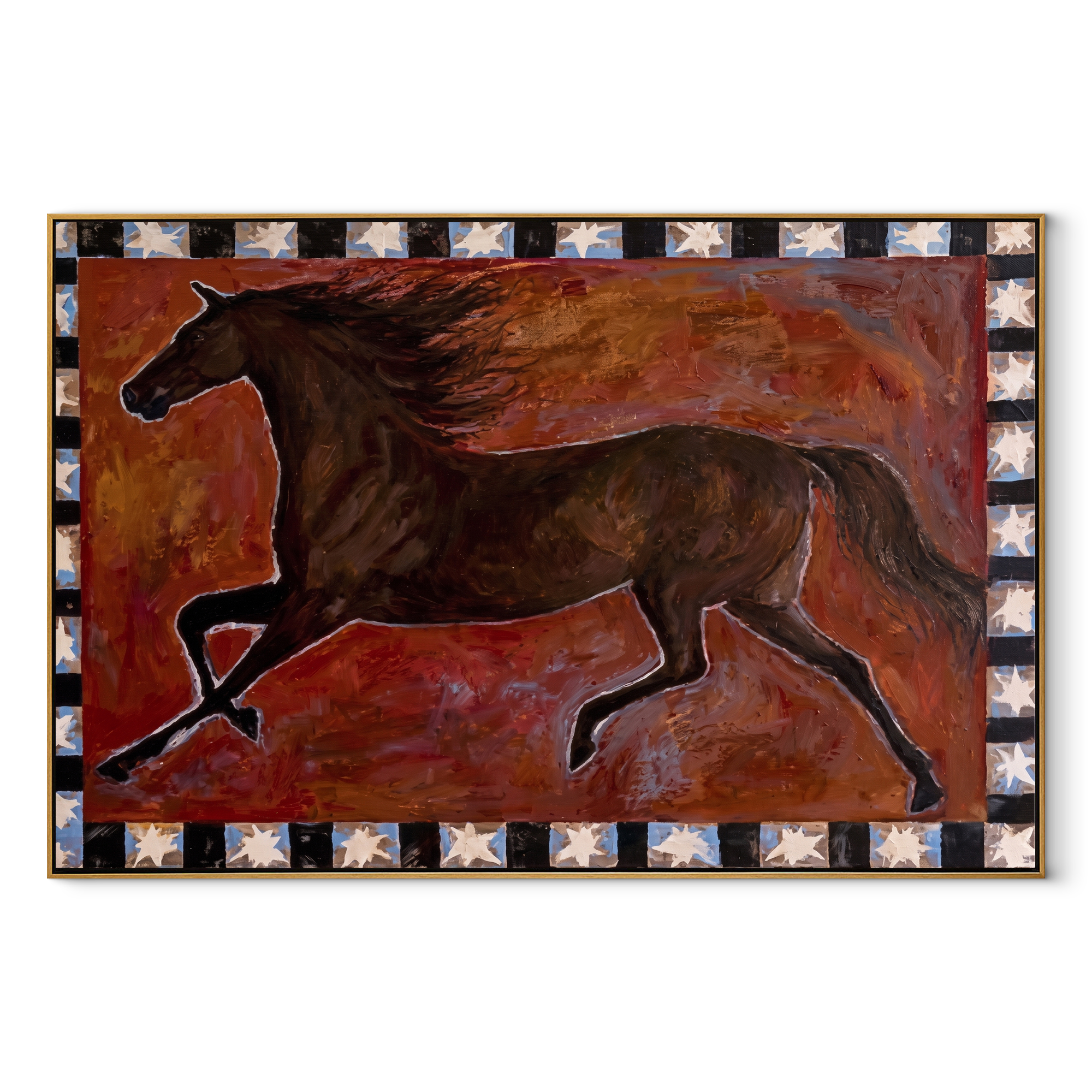 Dark Horse Runs Stars - running brown horse painting by Isabelle Laurent, modern Western horizontal wall art – wood frame on white background