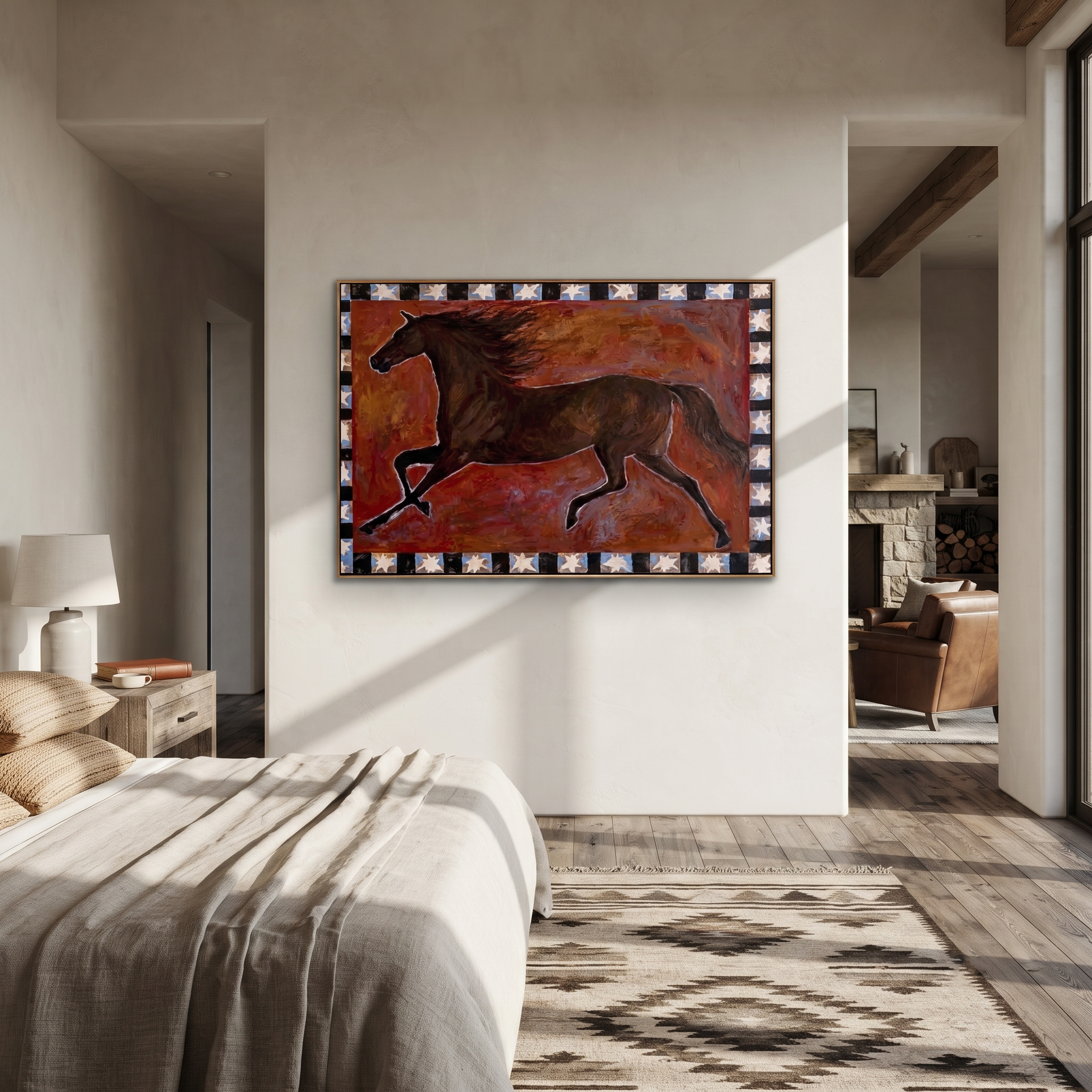 Dark Horse Runs Stars - running brown horse painting by Isabelle Laurent, modern Western horizontal wall art – styled room scene view 2