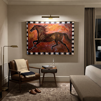 Dark Horse Runs Stars - running brown horse painting by Isabelle Laurent, modern Western horizontal wall art – styled room scene view 3