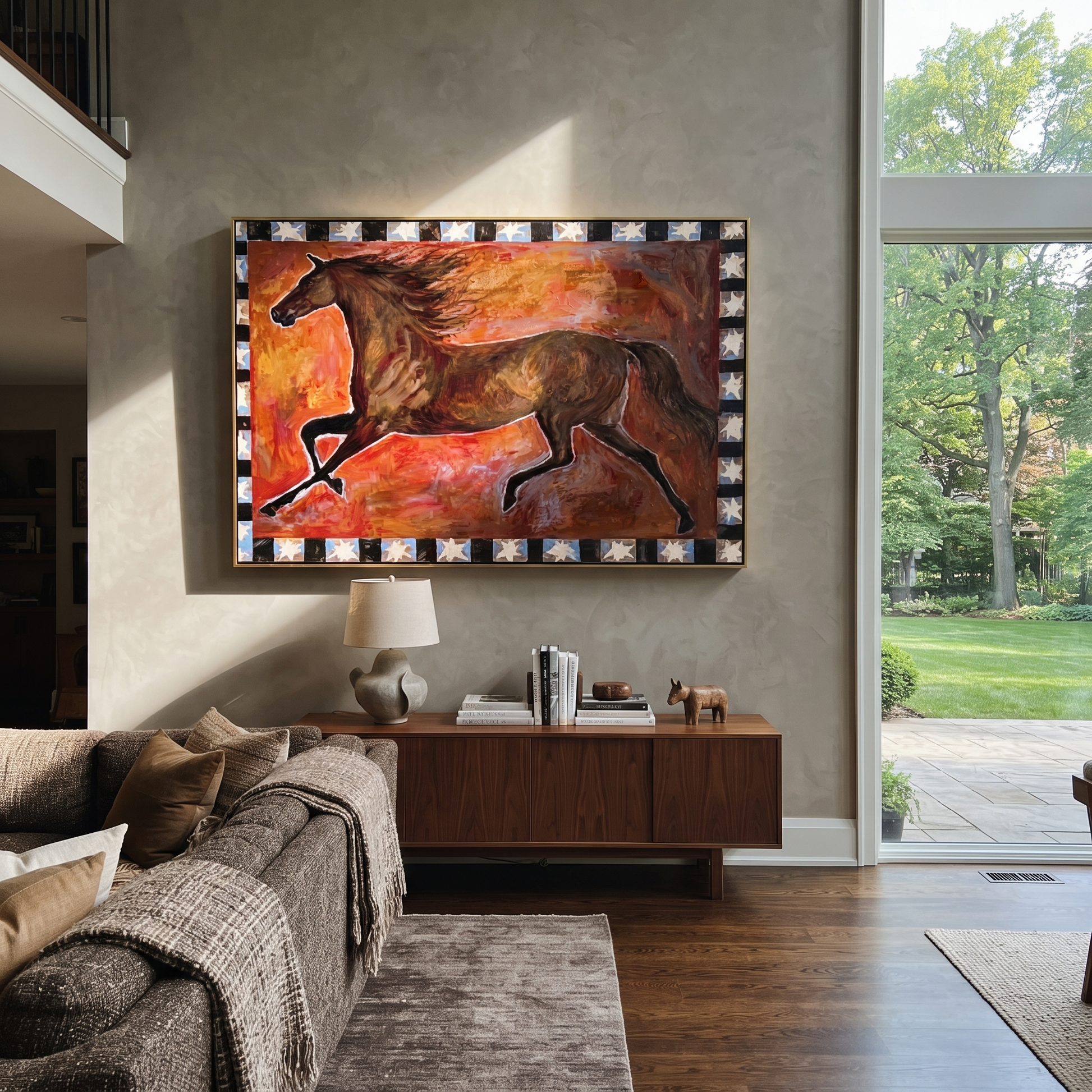 Dark Horse Runs Stars - running brown horse painting by Isabelle Laurent, modern Western horizontal wall art – styled room scene view 4