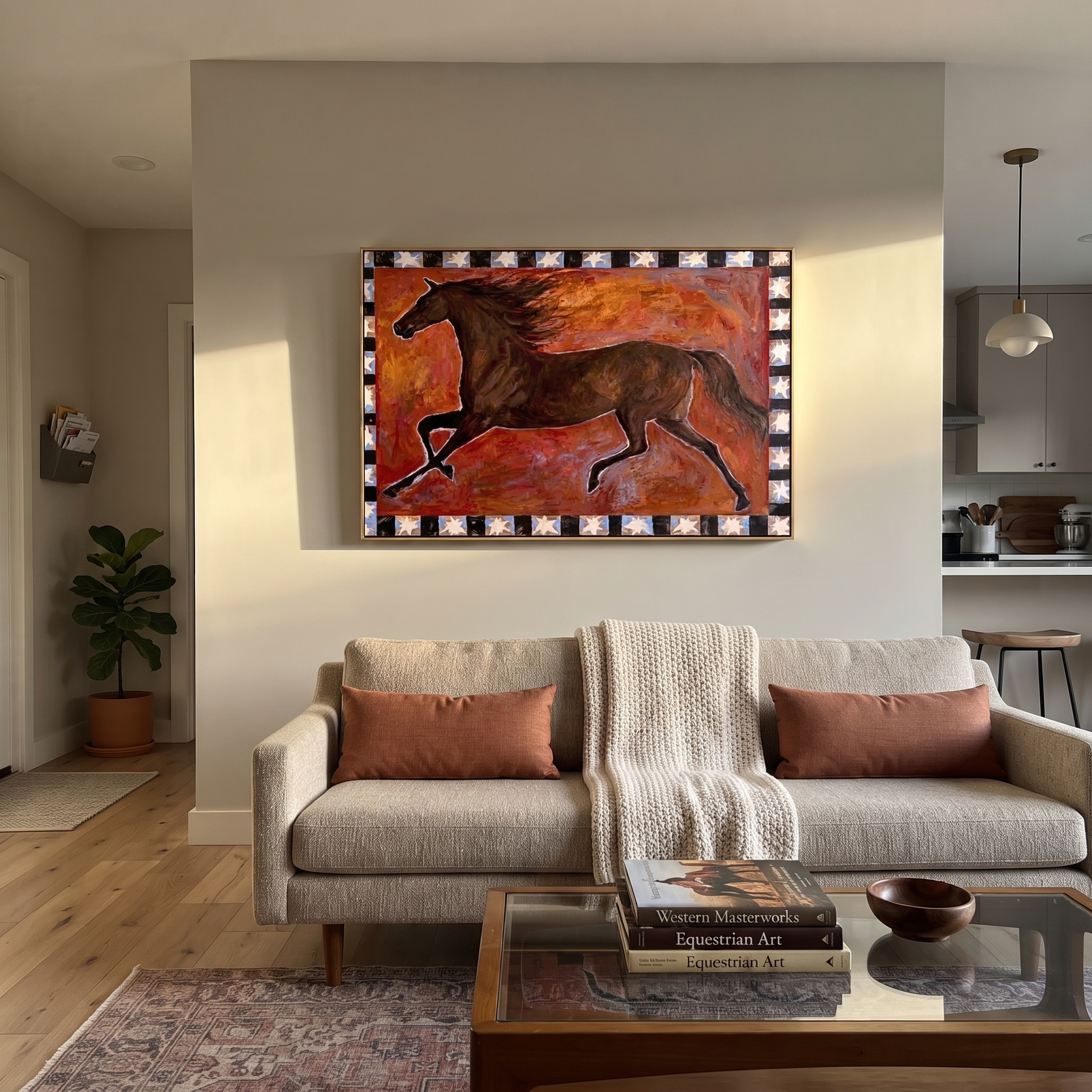 Dark Horse Runs Stars - running brown horse painting by Isabelle Laurent, modern Western horizontal wall art – styled room scene view 5