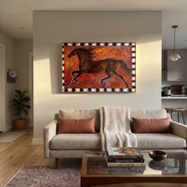 Dark Horse Runs Stars - running brown horse painting by Isabelle Laurent, modern Western horizontal wall art – styled room scene view 5