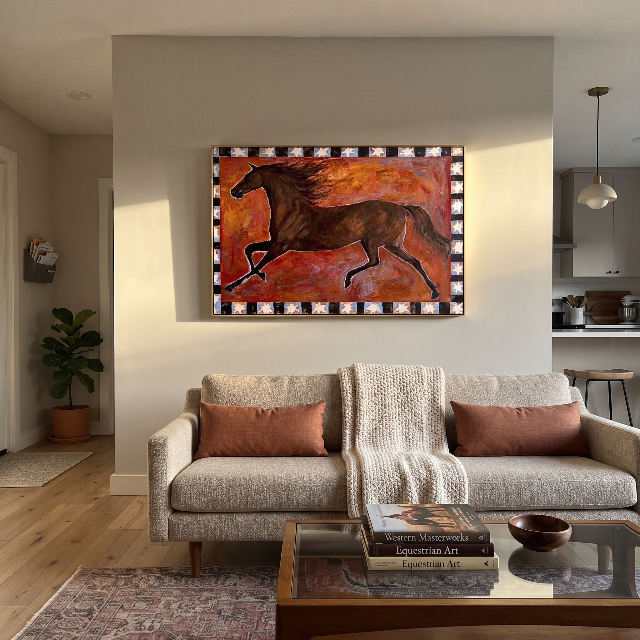 Dark Horse Runs Stars - running brown horse painting by Isabelle Laurent, modern Western horizontal wall art – styled room scene view 5
