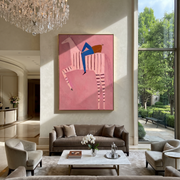 Blue Rider Climbs Pink - pink striped horse rider painting by Isabelle Laurent, modern Western vertical wall art – styled room scene view 1